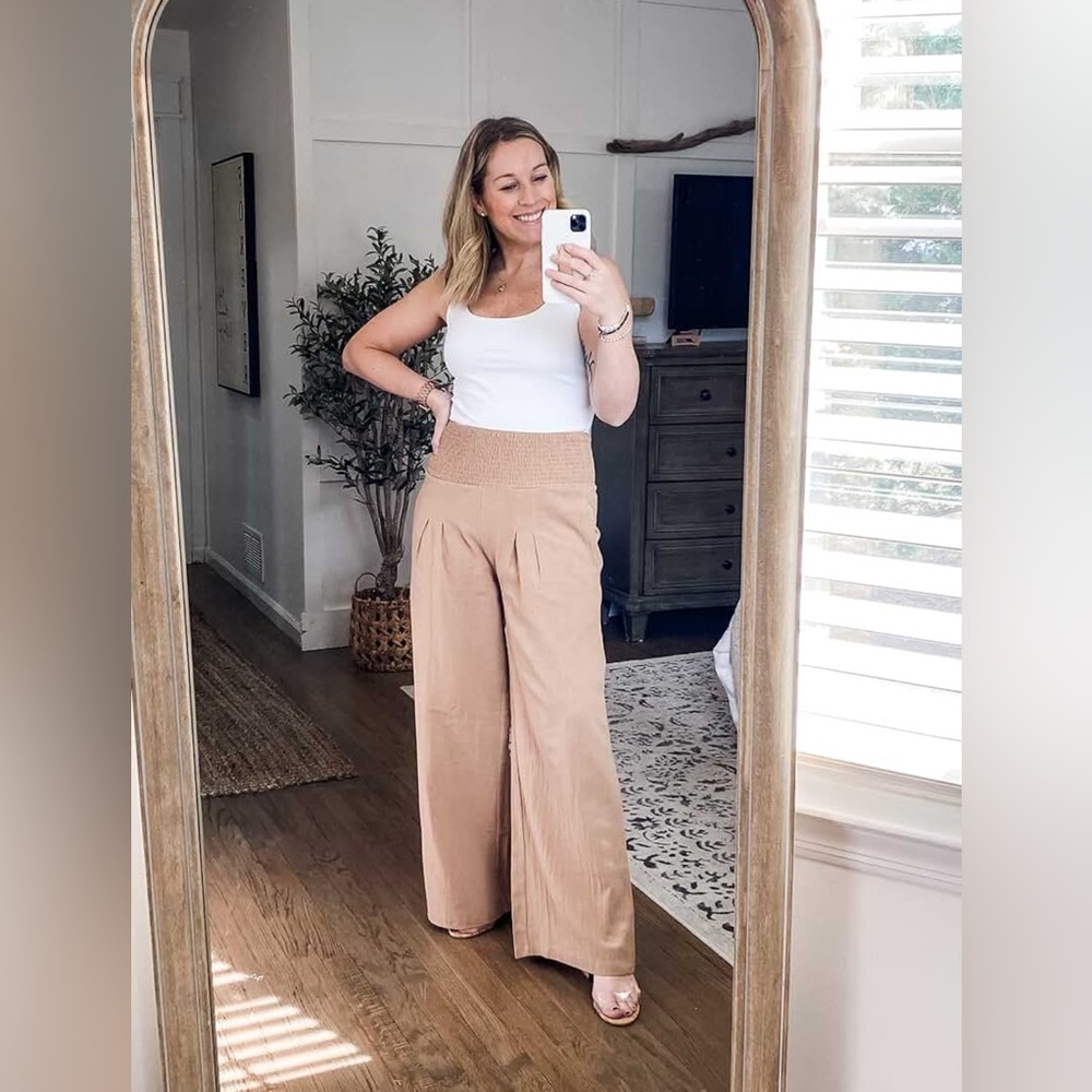Vansha Women High Waisted Cotton Linen Palazzo Pants Wide Leg Long Lounge Pants